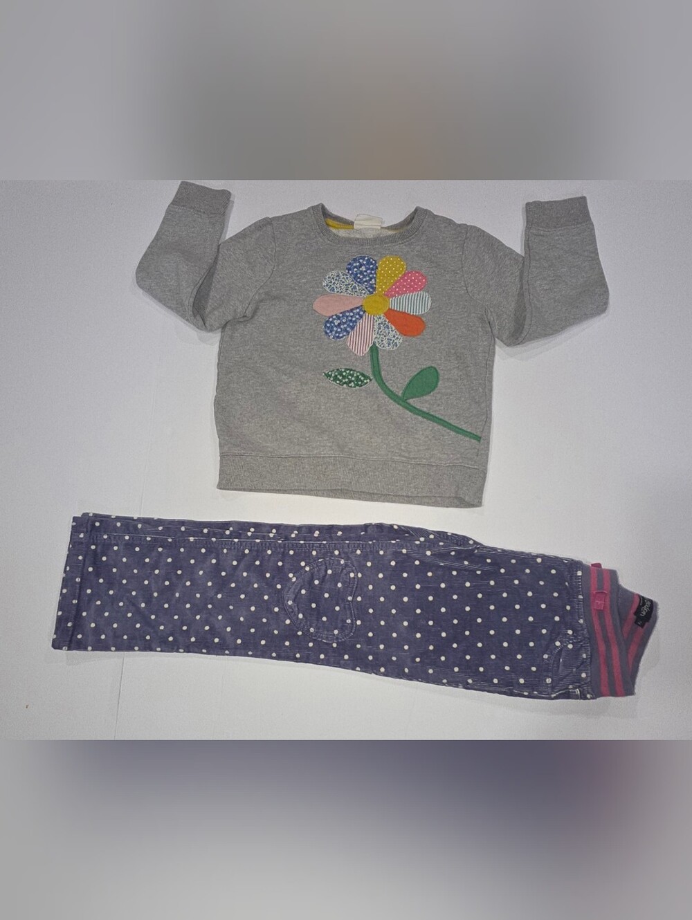 Mini Boden Gray Sweatshirt & Navy Polka Dot Matching Set with Colorful Flower